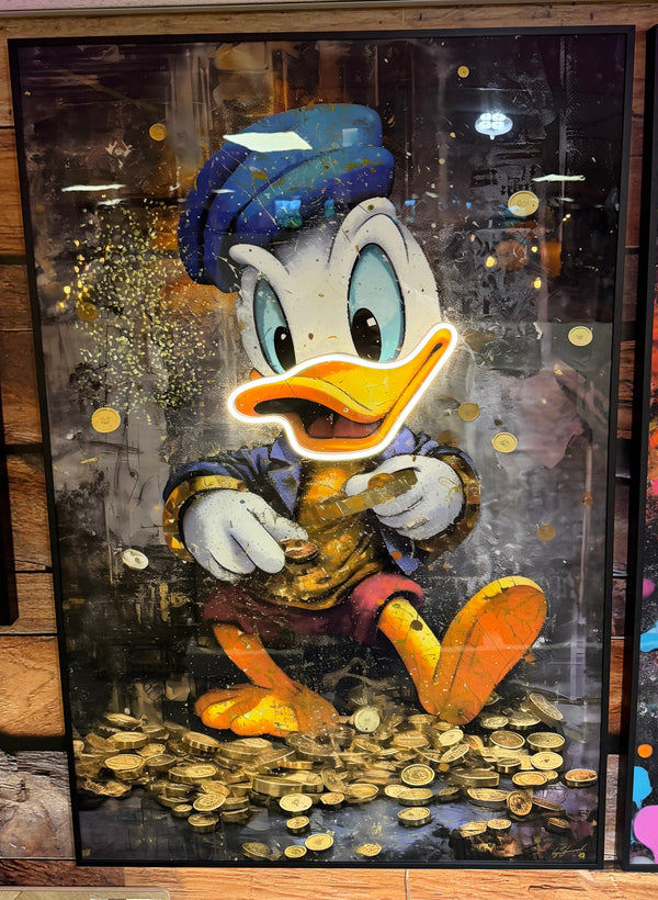 Glasschilderij met ledverlichting - Disney eend met geld 80x120 cm