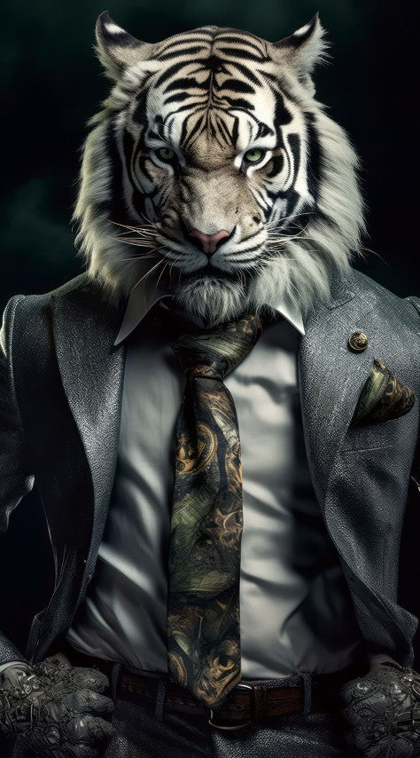 Glasschilderij witte tijger in pak 55x100 cm