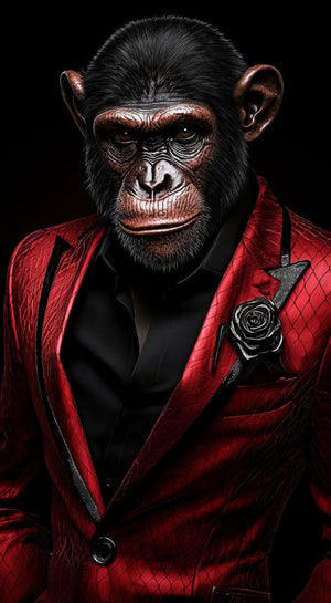 Glasschilderij Aap in rood pak 55x100 cm