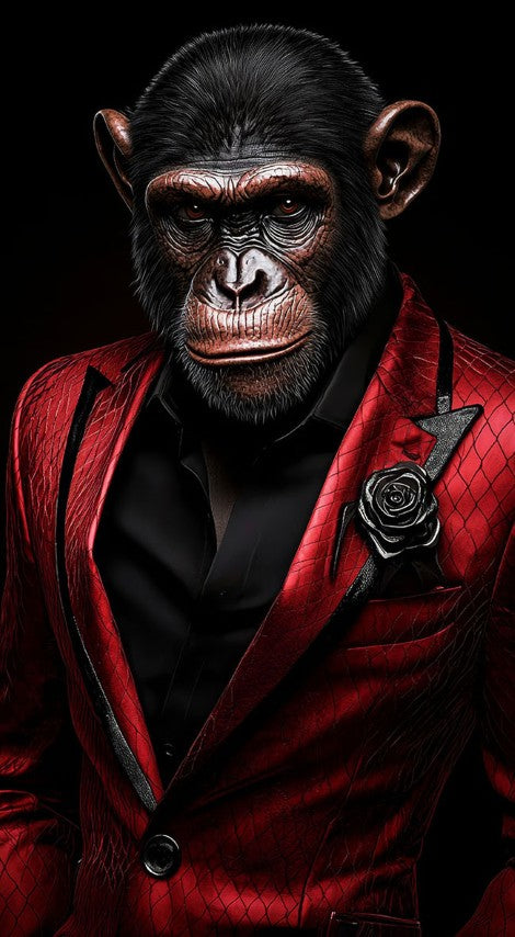 Glasschilderij Aap in rood pak 55x100 cm