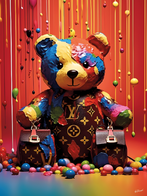 Glasschilderij Louis Vuitton Teddybeer gekleurd 60x80 cm