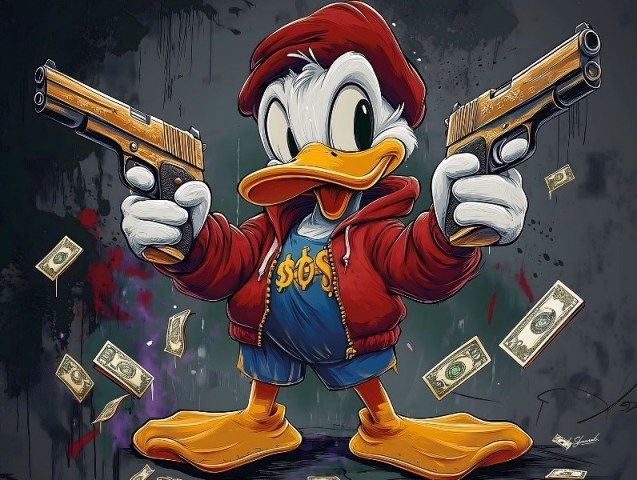 Glasschilderij Disney eend met pistolen V2 80x60 cm