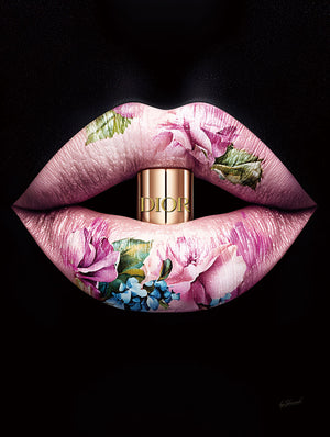 Glasschilderij Fashion lippen roze bloemen 60x80 cm