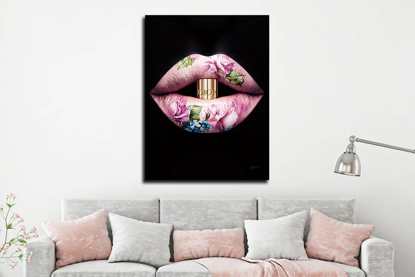 Glasschilderij Fashion lippen roze bloemen 60x80 cm