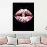 Glasschilderij Fashion lippen roze bloemen 60x80 cm