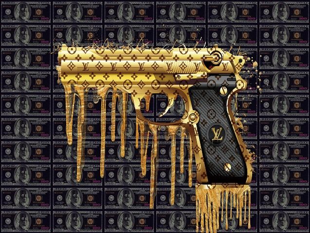 Glasschilderij Golden gun drip Louis Vuitton 80x60 cm