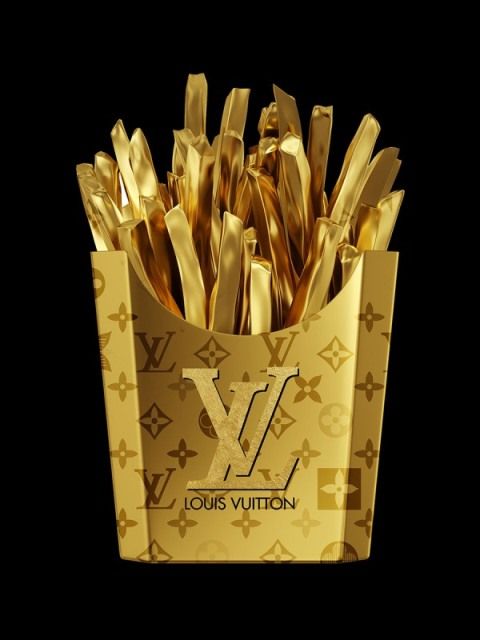 Glasschilderij Fashion frietbakje goud LV goudfolie 60x80 cm