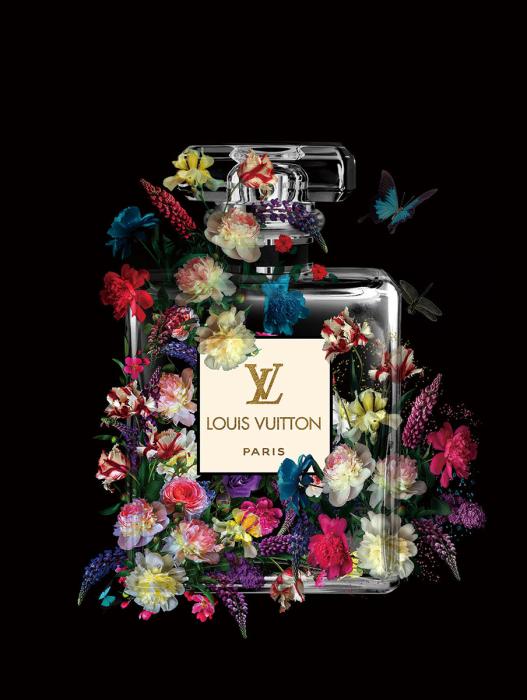 Glasschilderij Louis Vuitton parfum fles bloemen goudfolie 60x80 cm