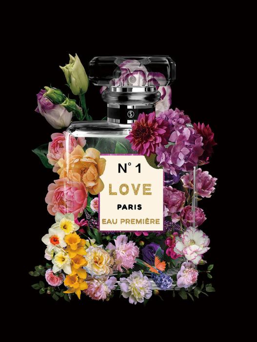 Glasschilderij Chanel N1 parfum fles bloemen goudfolie 60x80 cm