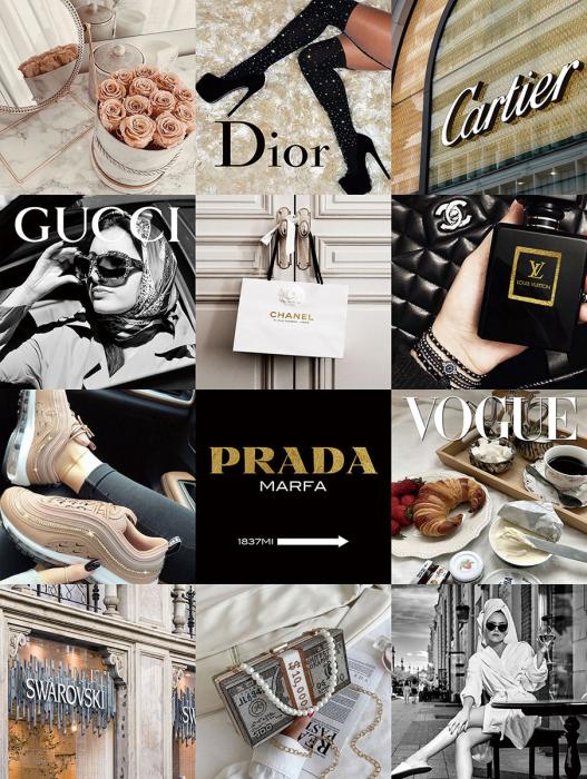 Glasschilderij fashion merken Gucci/Louis Vuitton/Chanel/Vogue goudfolie 60x80 cm