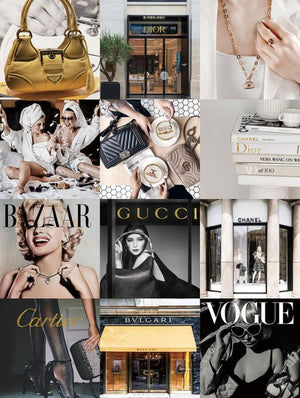 Glasschilderij fashion merken Gucci/Louis Vuitton/Chanel/Vogue goudfolie 60x80 cm