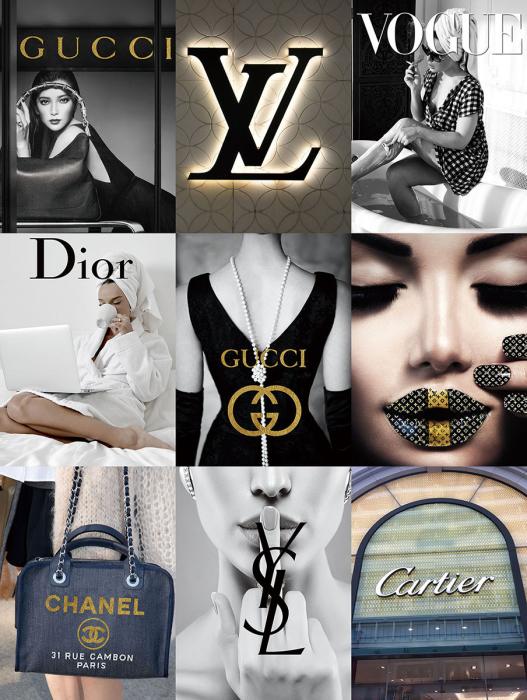 Glasschilderij fashion merken Gucci/Louis Vuitton/Chanel/Vogue goudfolie 60x80 cm
