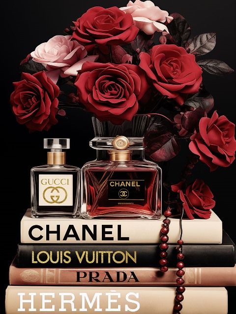 Glasschilderij Louis Vuitton/Chanel/Prada boeken 60x80 cm