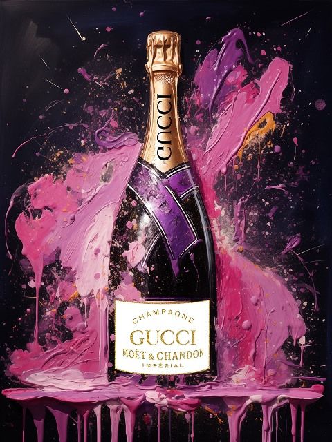 Glasschilderij Gucci champagne fles 60x80 cm