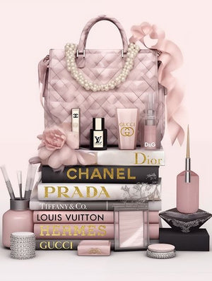 Glasschilderij Louis Vuitton tas Chanel/Dior make-up goudfolie 60x80 cm