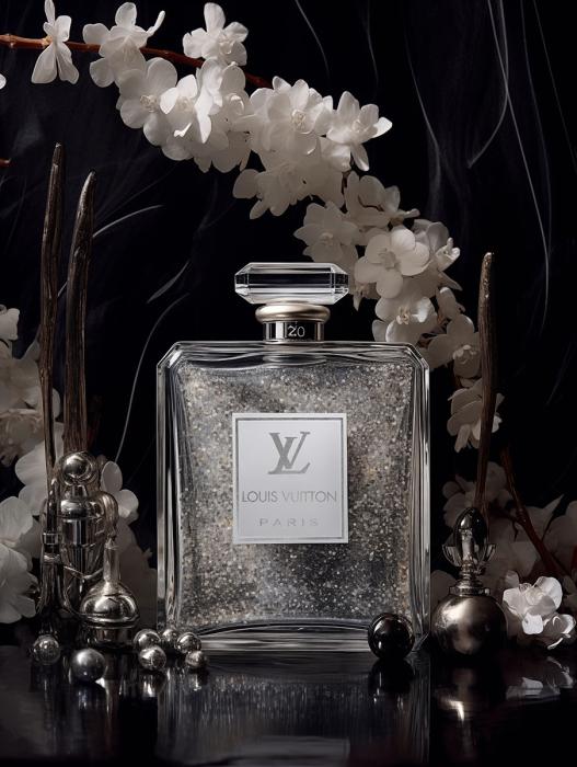 Glasschilderij parfumfles Louis Vuitton black met goudfolie 60x80 cm