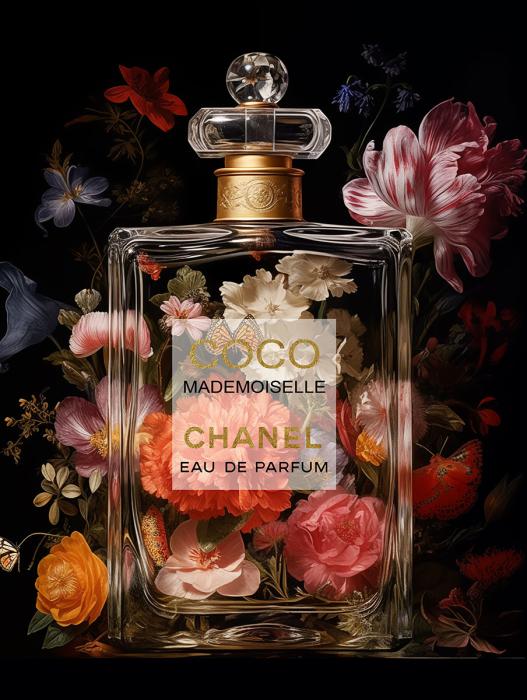 Glasschilderij parfumfles Coco Chanel goudfolie 60x80 cm