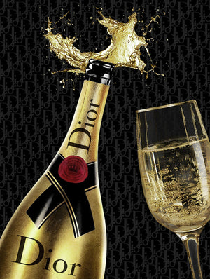 Glasschilderij met goudfolie Champagne fles fashion 60x80 cm