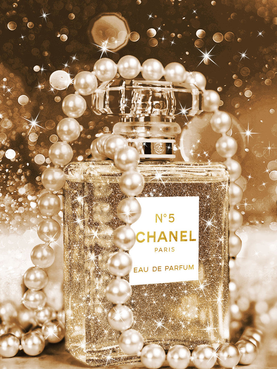 Glasschilderij met goudfolie Fashion parfumfles parels 60x80 cm