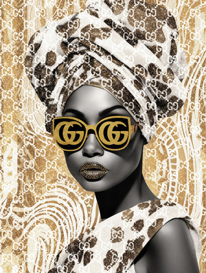 Glasschilderij met goudfolie Fashion vrouw  bril 60x80 cm