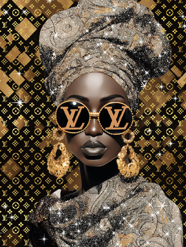 Glasschilderij met goudfolie Fashion vrouw  bril V2 60x80 cm