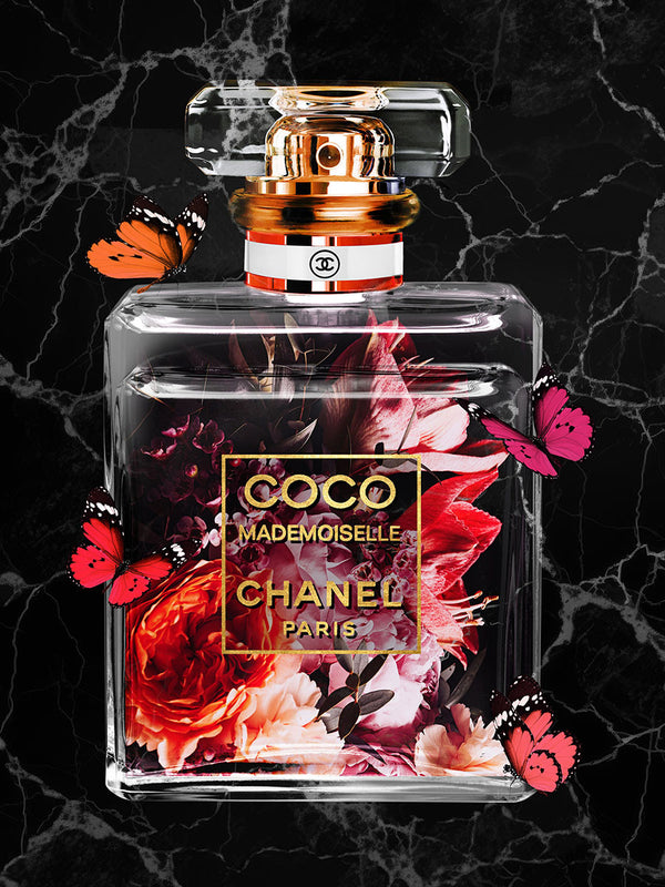 Glasschilderij parfumfles Chanel vlinders goudfolie 60x80 cm