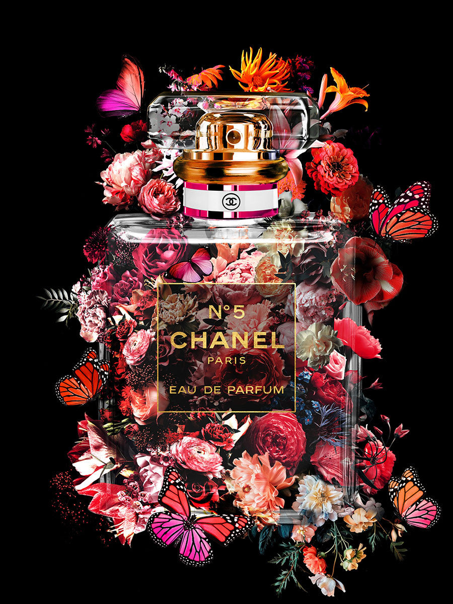 Glasschilderij parfumfles Chanel rode bloemen goudfolie 60x80 cm