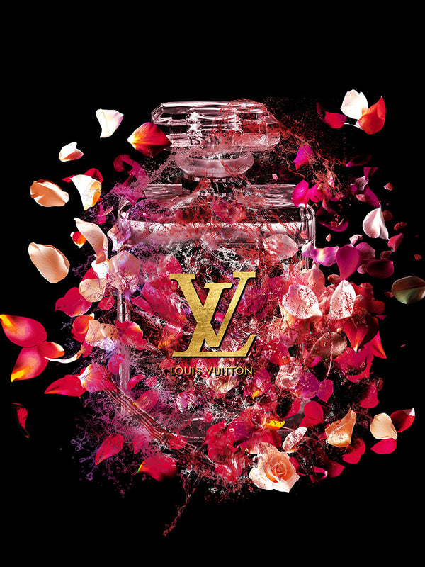 Glasschilderij parfumfles Fashion LV rrozen goudfolie 60x80 cm