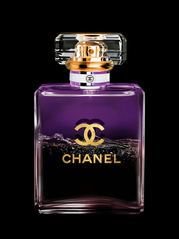 Glasschilderij parfumfles Chanel paars V2 goudfolie 60x80 cm