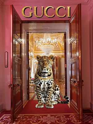 Glasschilderij Fashion panter achter paleisdeuren goudfolie 60x80 cm