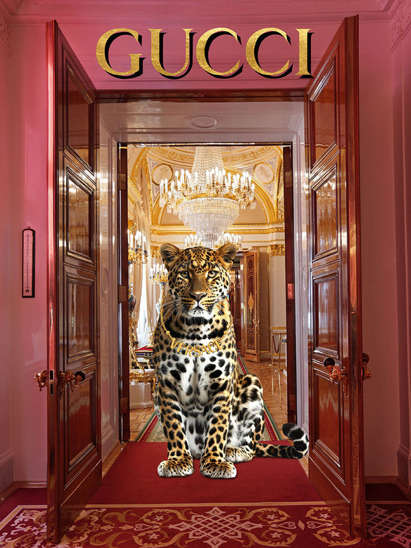 Glasschilderij Fashion panter achter paleisdeuren goudfolie 60x80 cm