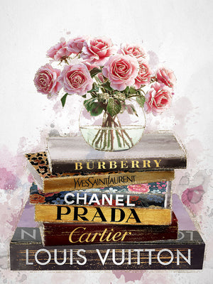 Glasschilderij Rode bloemen op fashion boeken goudfolie 60x80 cm