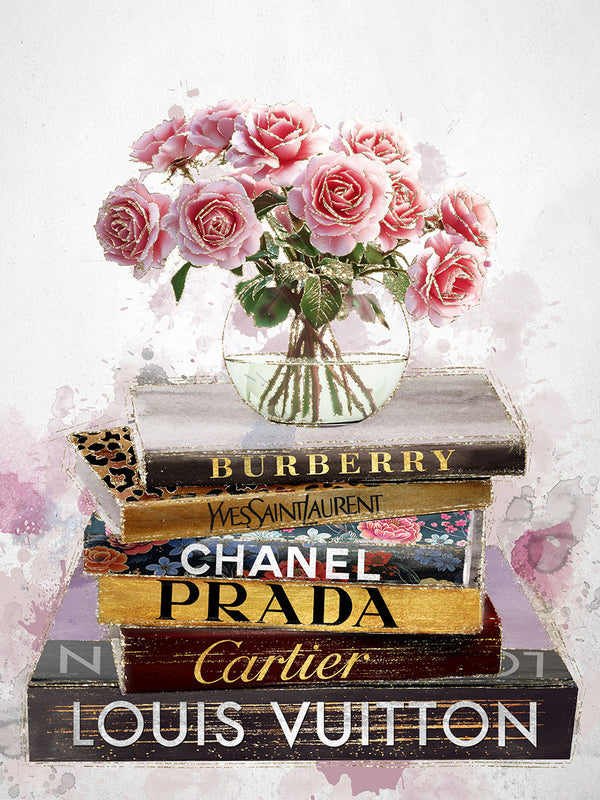 Glasschilderij Rode bloemen op fashion boeken goudfolie 60x80 cm