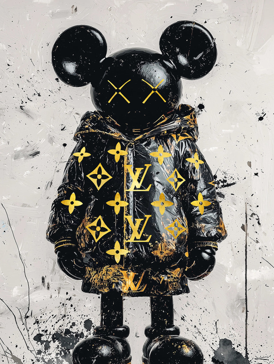 Glasschilderij Mysterieuze fashion LV muis met goudfolie 60x80 cm