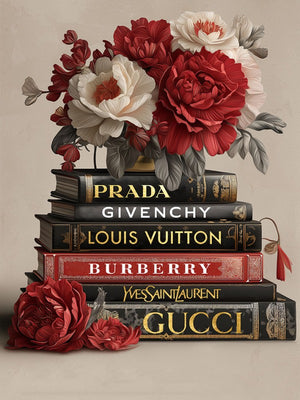 Glasschilderij stapel fashion boeken en bloemen met goudfolie 60x80 cm