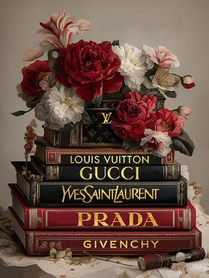 Glasschilderij stapel fashion boeken en bloemen V2 met goudfolie 60x80 cm