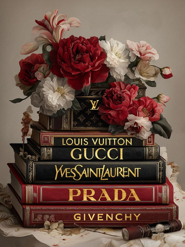 Glasschilderij stapel fashion boeken en bloemen V2 met goudfolie 60x80 cm