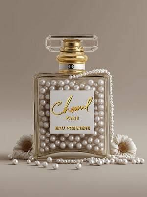 Glasschilderij parfum fles Chanel V2 met goudfolie 60x80 cm