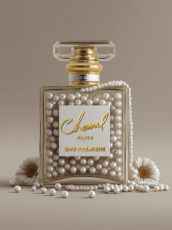 Glasschilderij parfum fles Chanel V2 met goudfolie 60x80 cm