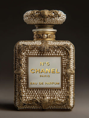 Glasschilderij parfum fles Chanel V3 met goudfolie 60x80 cm