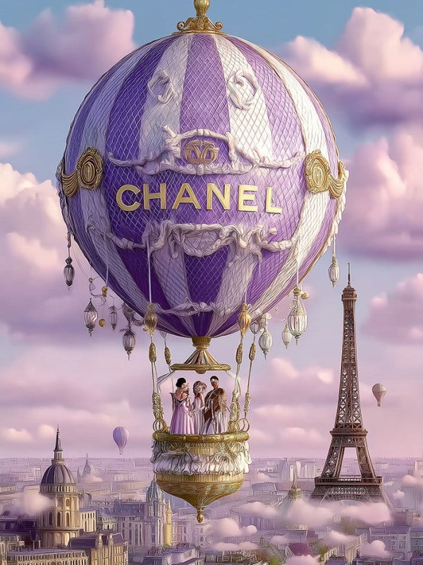 Glasschilderij paarse fashion luchtballon met goudfolie 60x80 cm