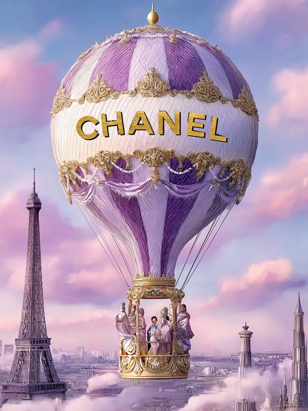 Glasschilderij paarse fashion luchtballon V2 met goudfolie 60x80 cm