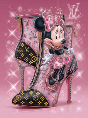 Glasschilderij roze fashion Disney muis met goudfolie 60x80 cm