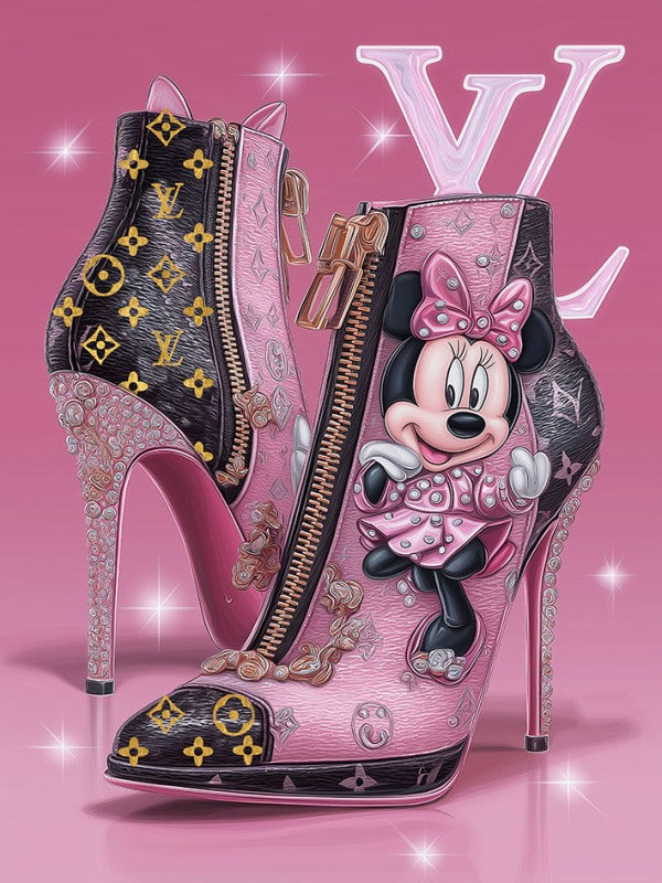 Glasschilderij roze fashion Disney muis V2 met goudfolie 60x80 cm