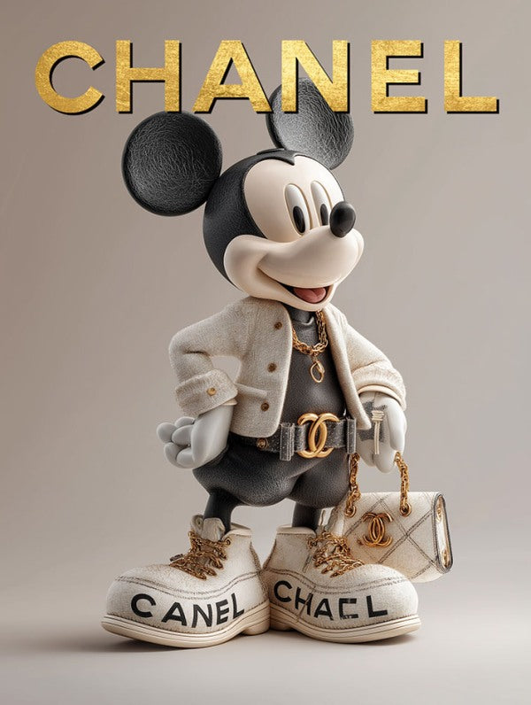 Glasschilderij Fashion Disney muis Chanel V2 met goudfolie 60x80 cm