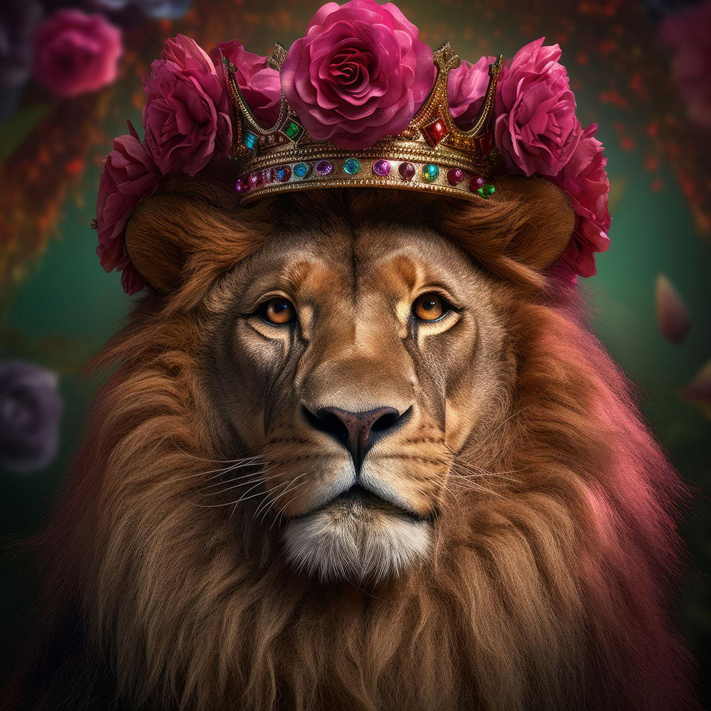 Glasschilderij Leeuwenkoning met kroon close-up 80x80 cm