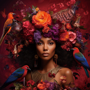 Glasschilderij Vrouw met rode bloemen en vogels 80x80 cm