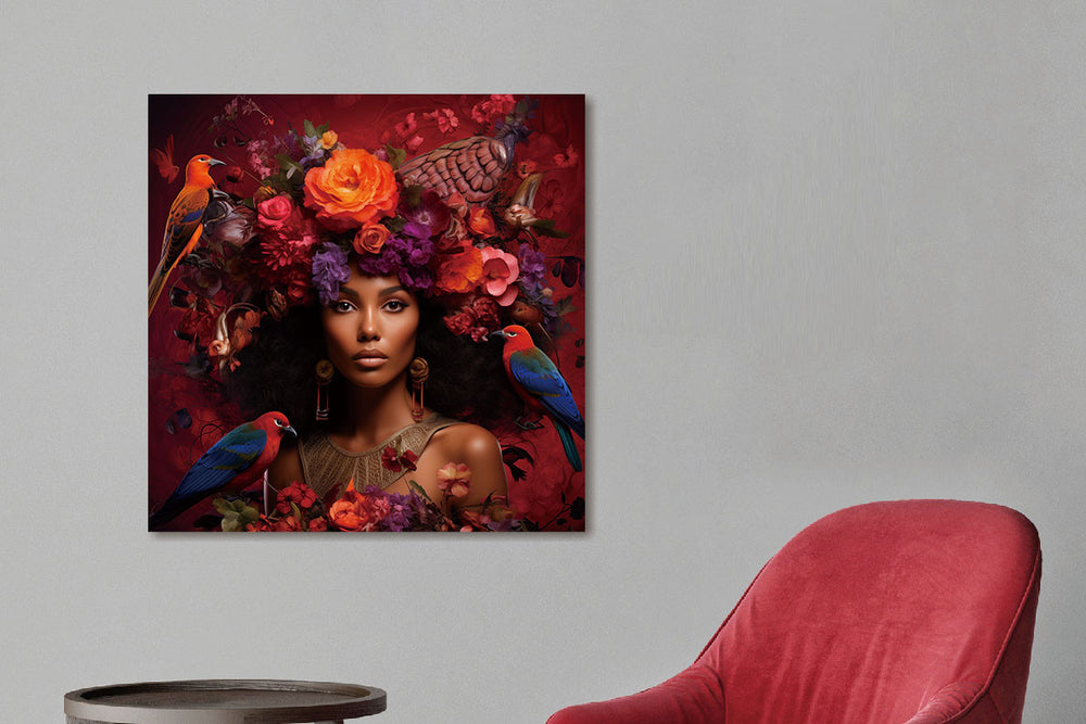 Glasschilderij Vrouw met rode bloemen en vogels 80x80 cm