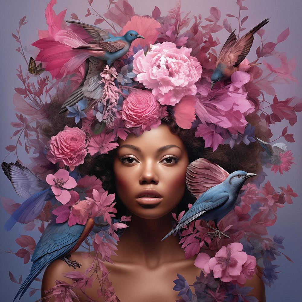 Glasschilderij Vrouw met roze bloemen en blauwe vogels 80x80 cm