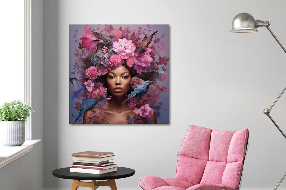 Glasschilderij Vrouw met roze bloemen en blauwe vogels 80x80 cm